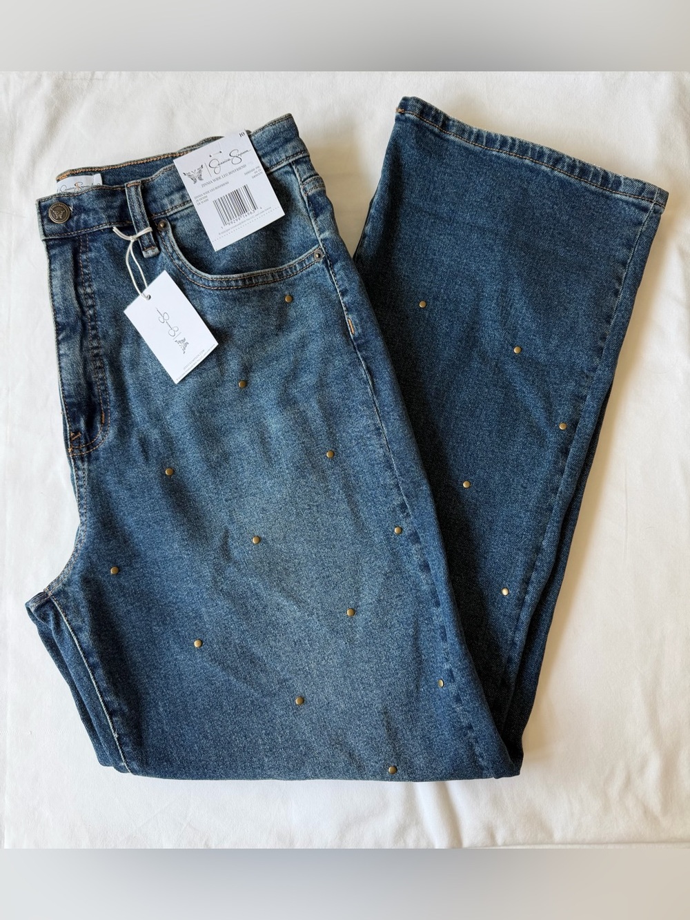 NWT Jessica Simpson Brass Studded Zinnia Wide Leg Boyfriend Jeans Size 10